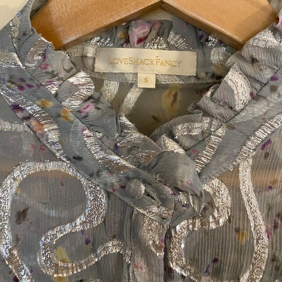 LoveShackFancy Erica Metallic Ruffled Silk Top in Silver Lake Blue Size Small - Picture 8 of 14